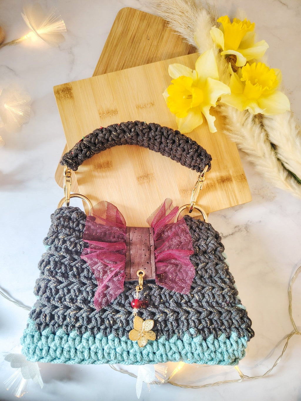 Mini sac de soirée rectangulaire au crochet fait main bleu vert, expresso gold et bordeaux - Modèle Perséphone - Sacs au crochet - Irilena