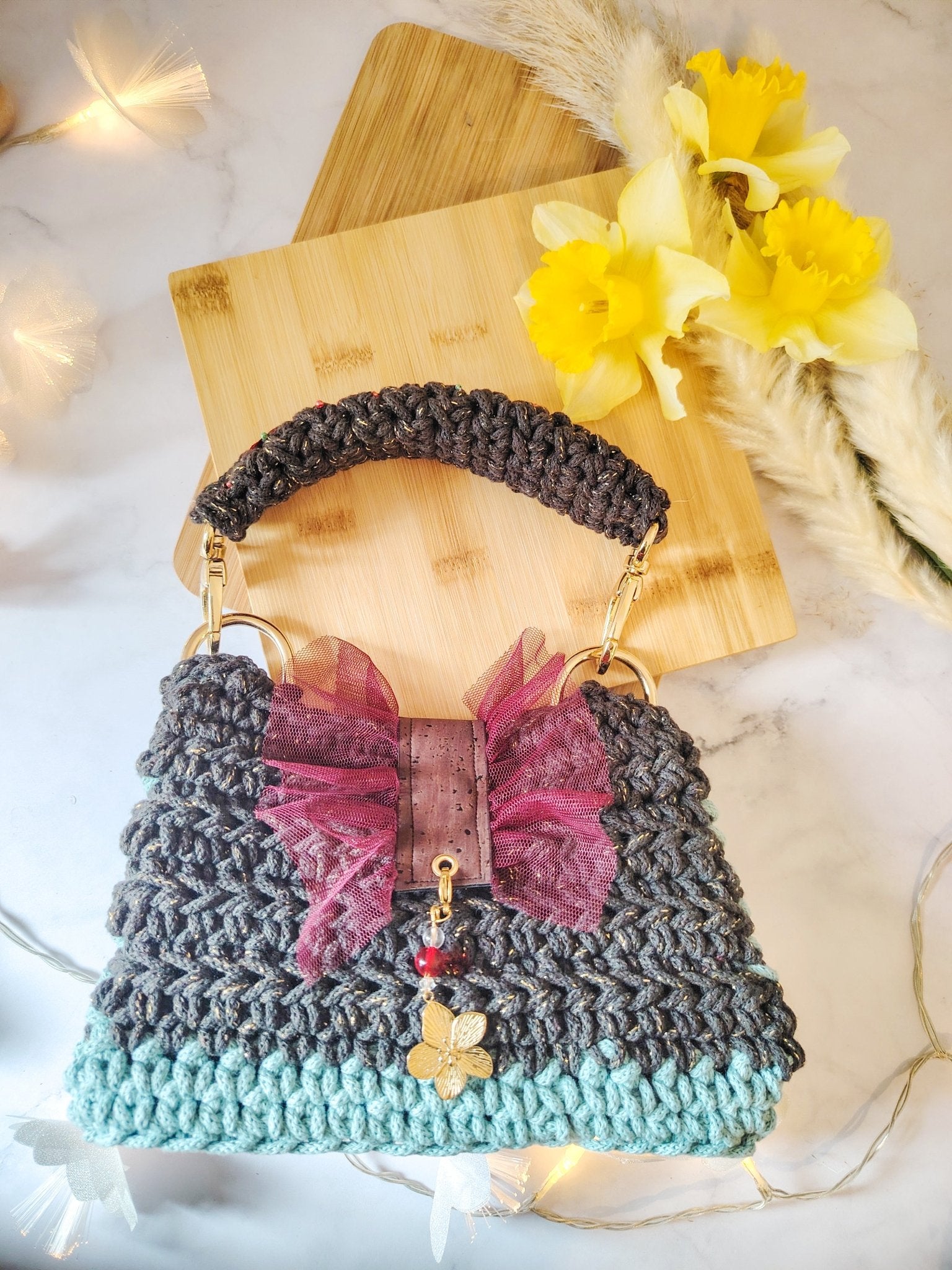 Mini sac de soirée rectangulaire au crochet fait main bleu vert, expresso gold et bordeaux - Modèle Perséphone - Sacs au crochet - Irilena