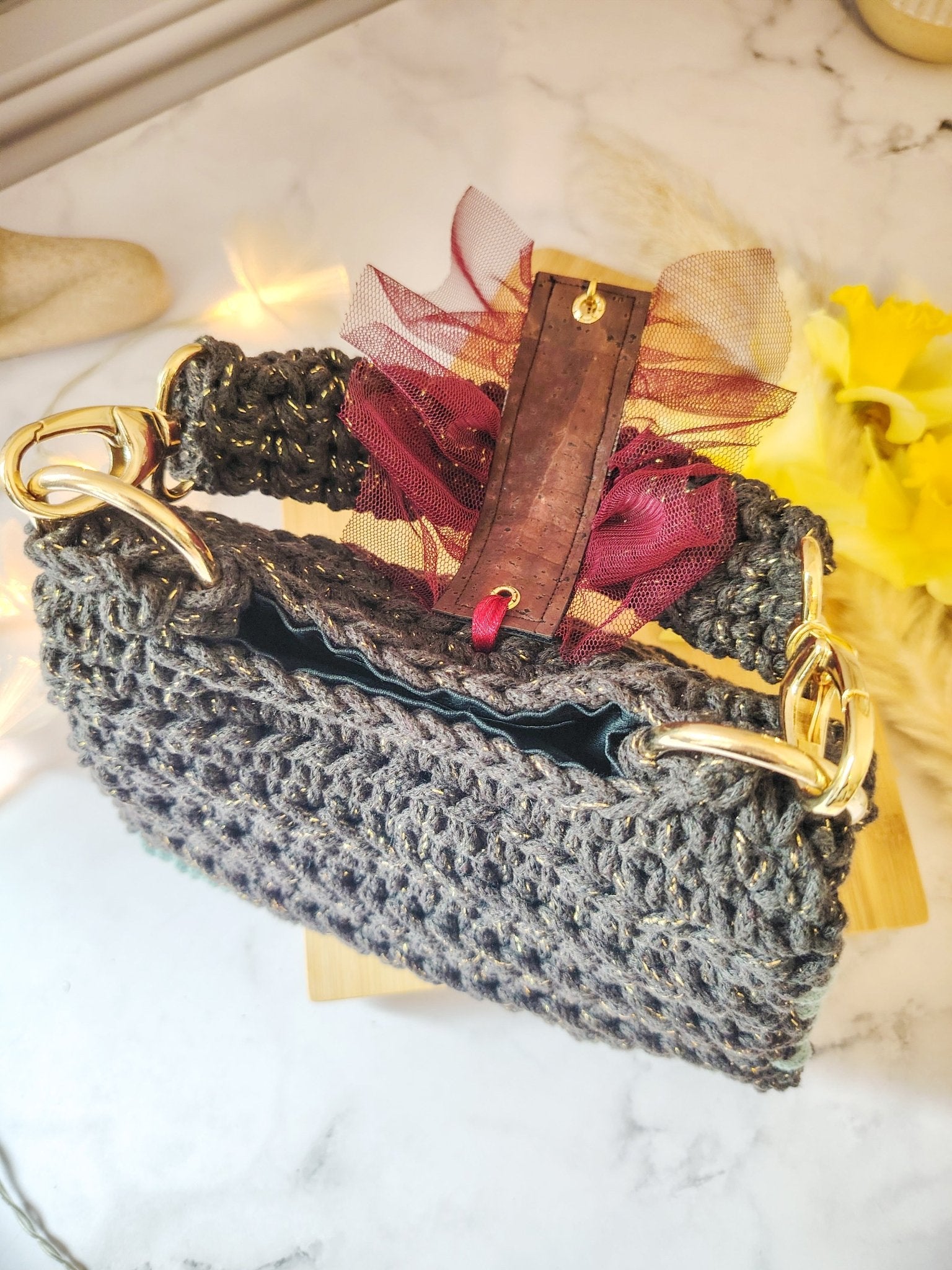 Mini sac de soirée rectangulaire au crochet fait main bleu vert, expresso gold et bordeaux - Modèle Perséphone - Sacs au crochet - Irilena