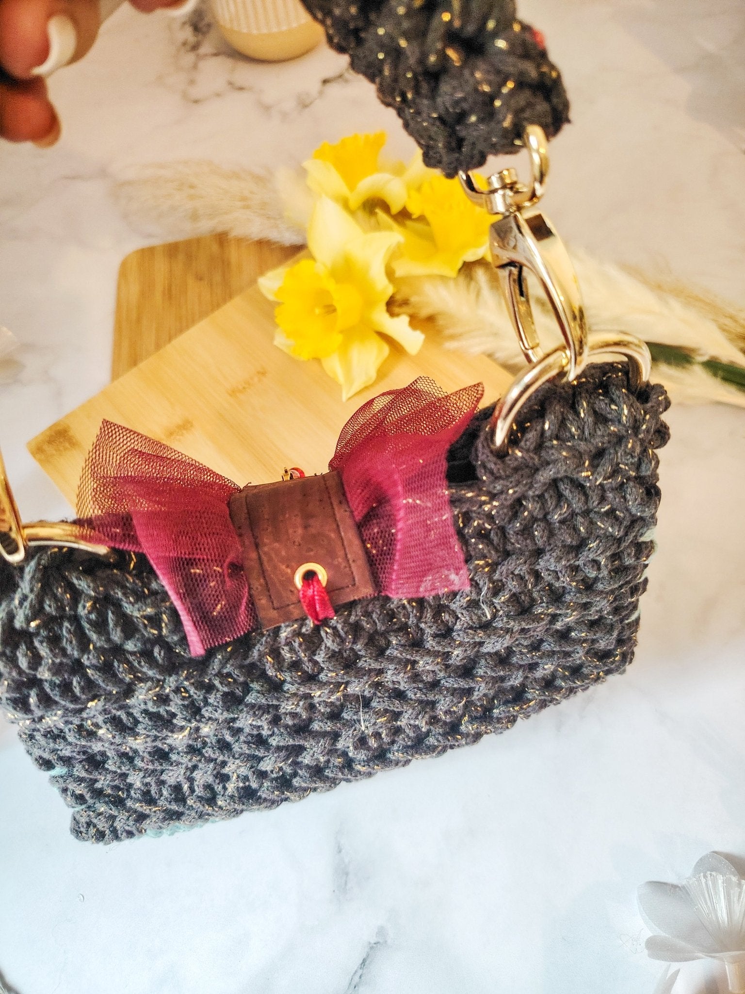 Mini sac de soirée rectangulaire au crochet fait main bleu vert, expresso gold et bordeaux - Modèle Perséphone - Sacs au crochet - Irilena