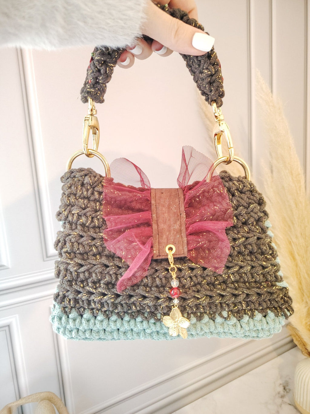 Mini sac de soirée rectangulaire au crochet fait main bleu vert, expresso gold et bordeaux - Modèle Perséphone - Sacs au crochet - Irilena