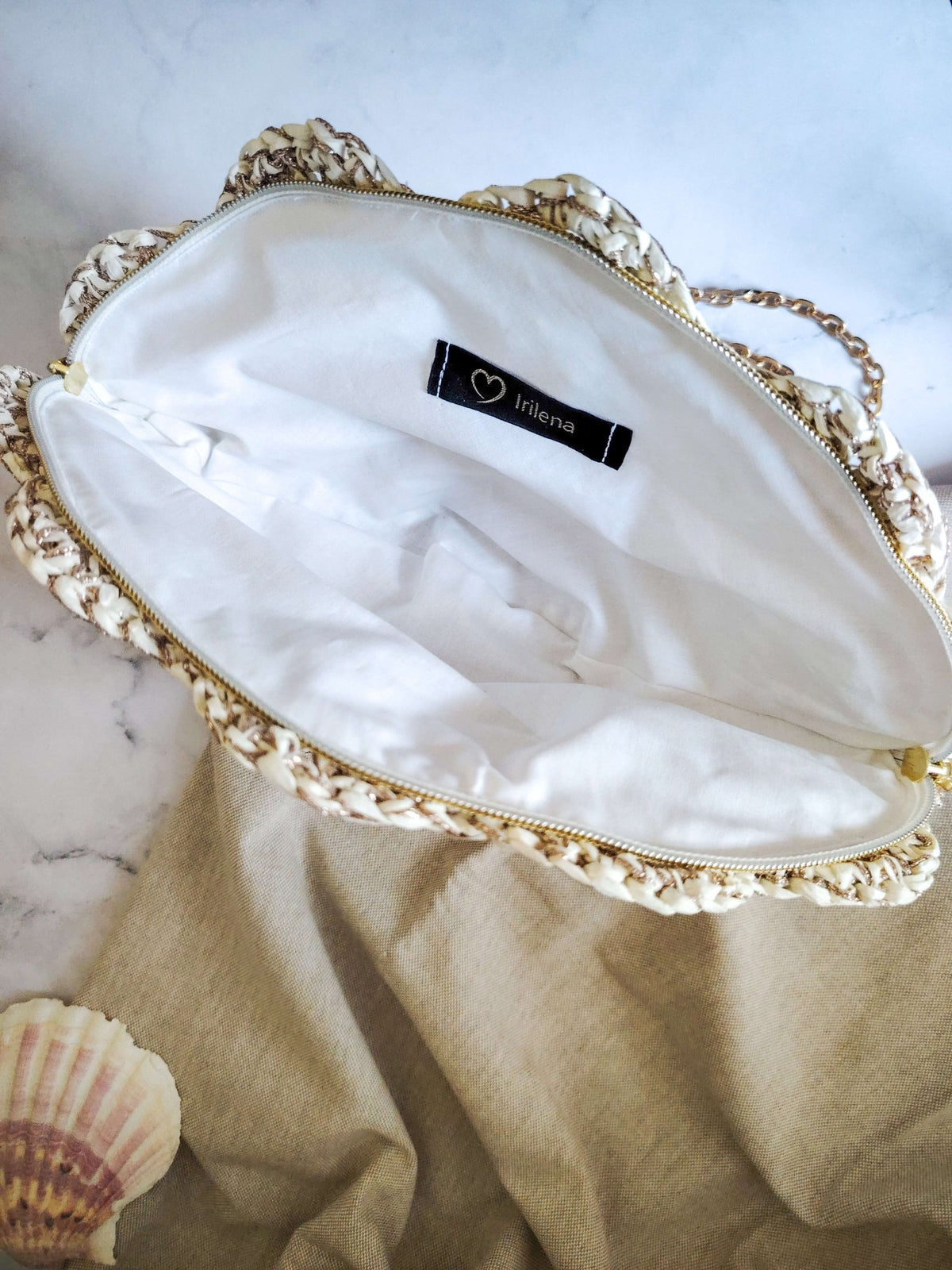 Sac de soirée coquillage blanc et doré au crochet – modèle Vénus - Sacs au crochet - Irilena