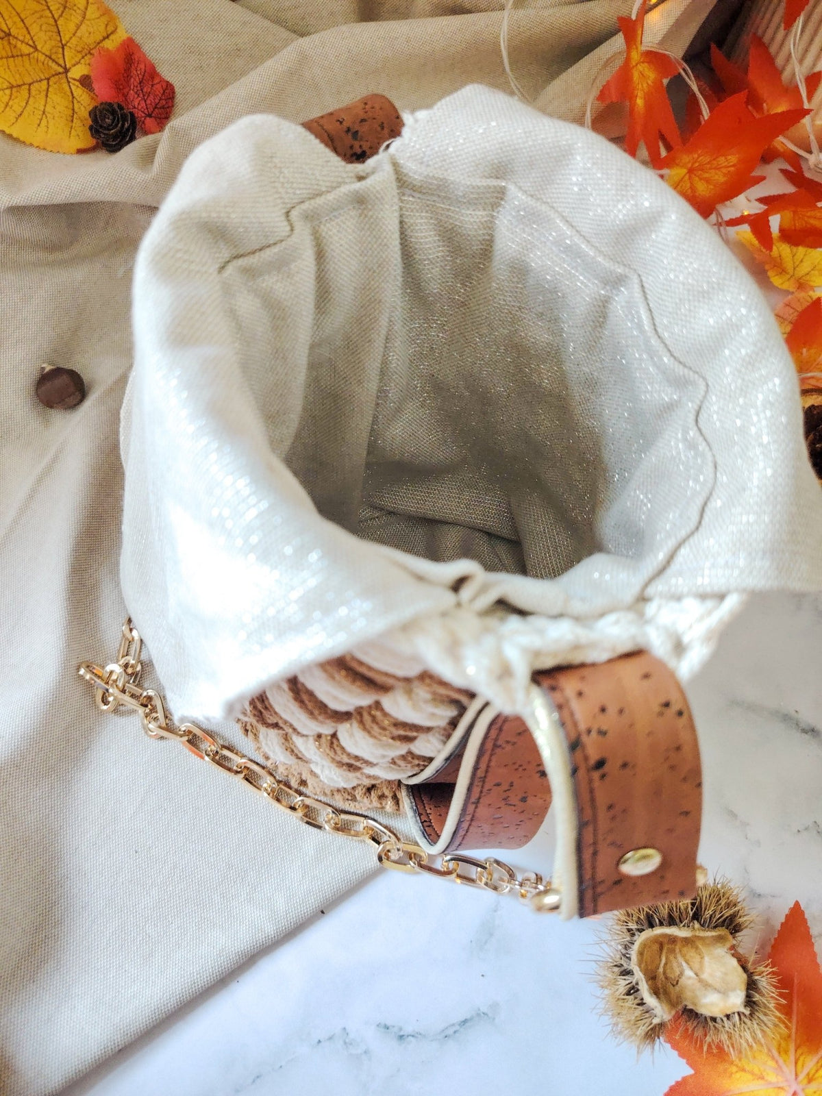 Sac seau en coton recyclé écru et liège caramel – modèle Hestia - Sacs au crochet - Irilena