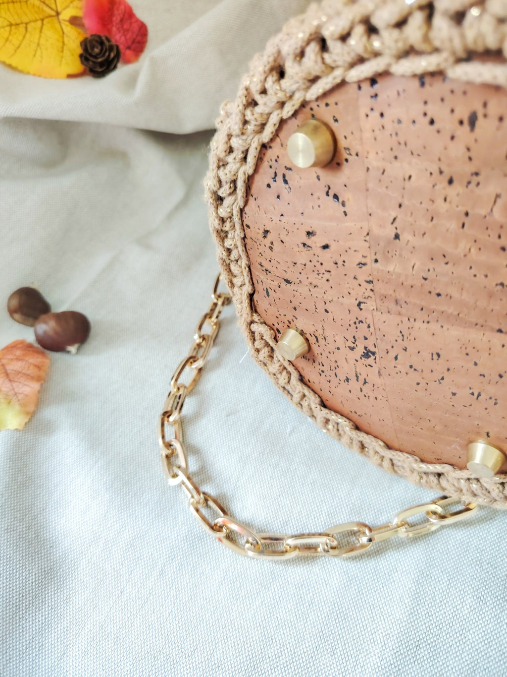 Sac seau en coton recyclé écru et liège caramel – modèle Hestia - Sacs au crochet - Irilena