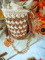 Sac seau en coton recyclé écru et liège caramel – modèle Hestia - Sacs au crochet - Irilena