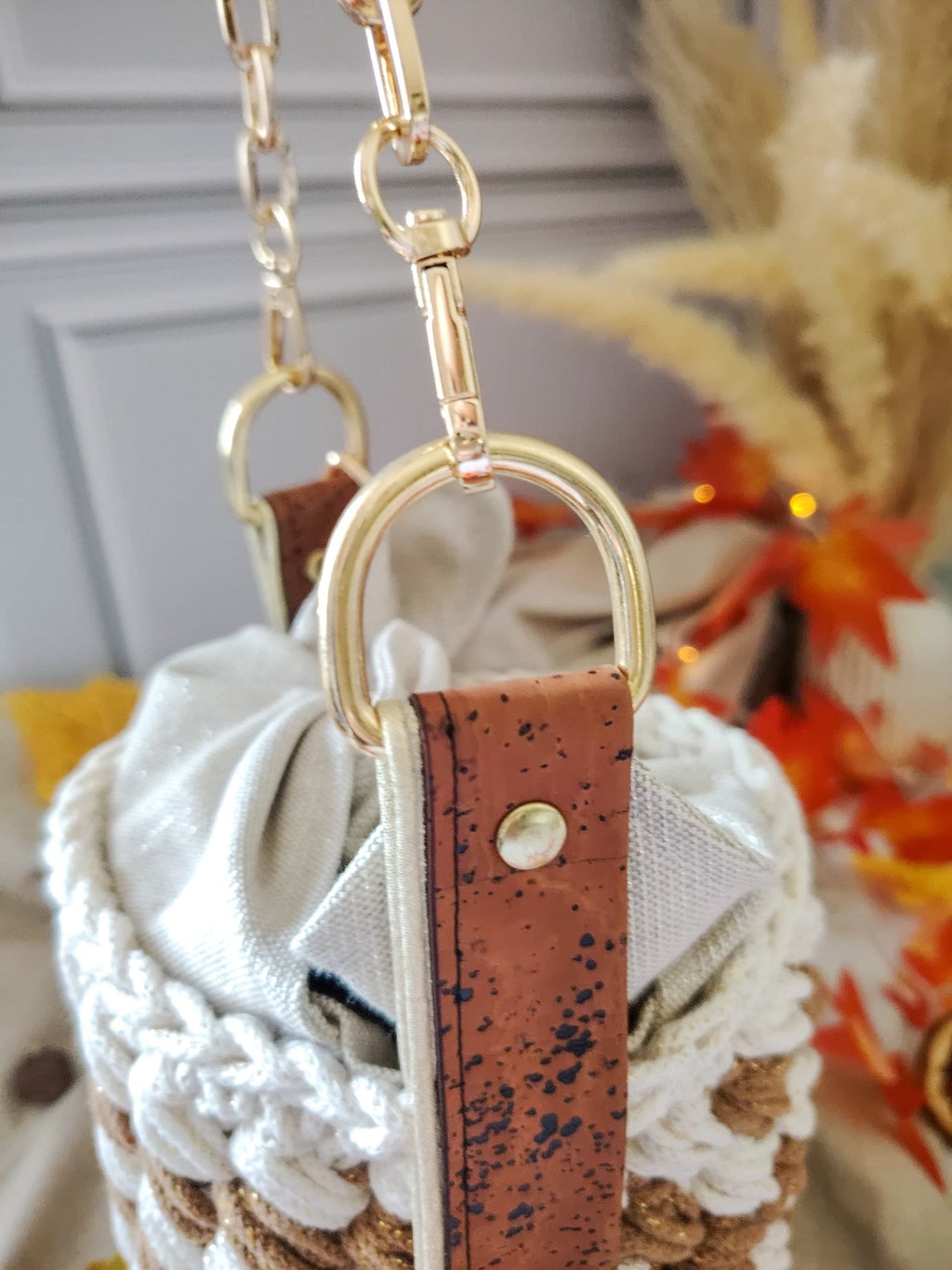 Sac seau en coton recyclé écru et liège caramel – modèle Hestia - Sacs au crochet - Irilena