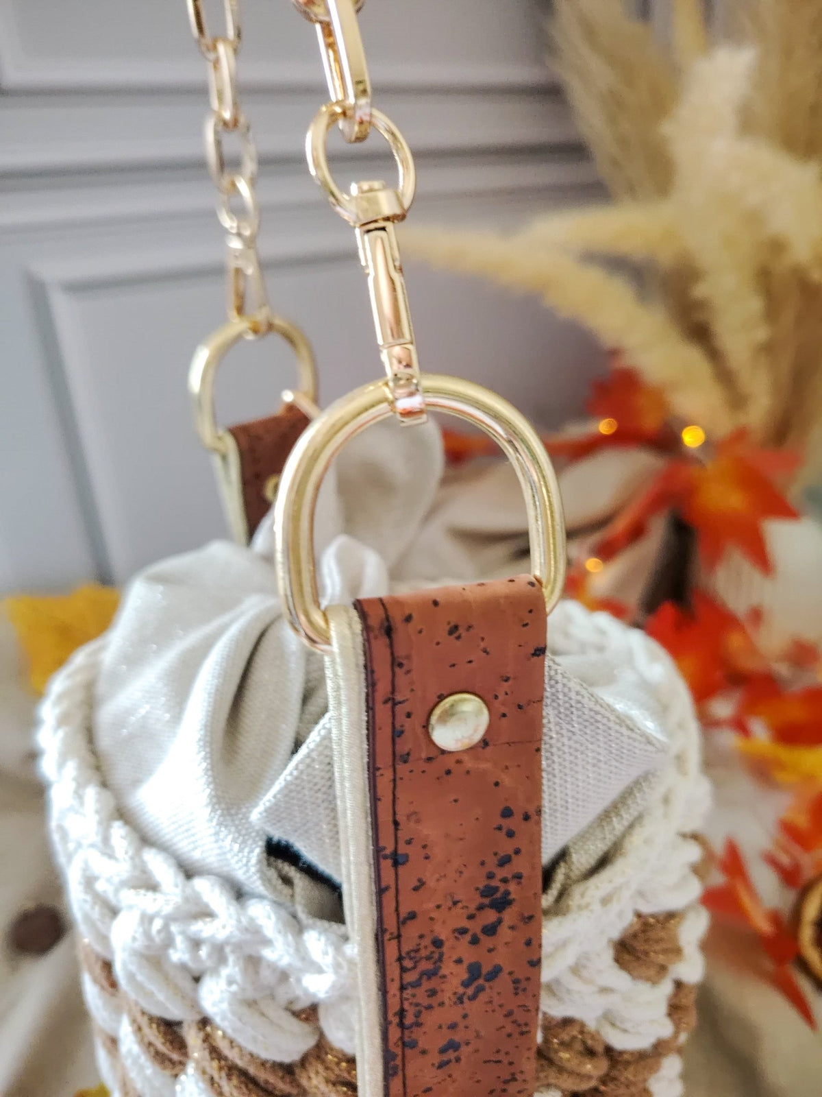Sac seau en coton recyclé écru et liège caramel – modèle Hestia - Sacs au crochet - Irilena