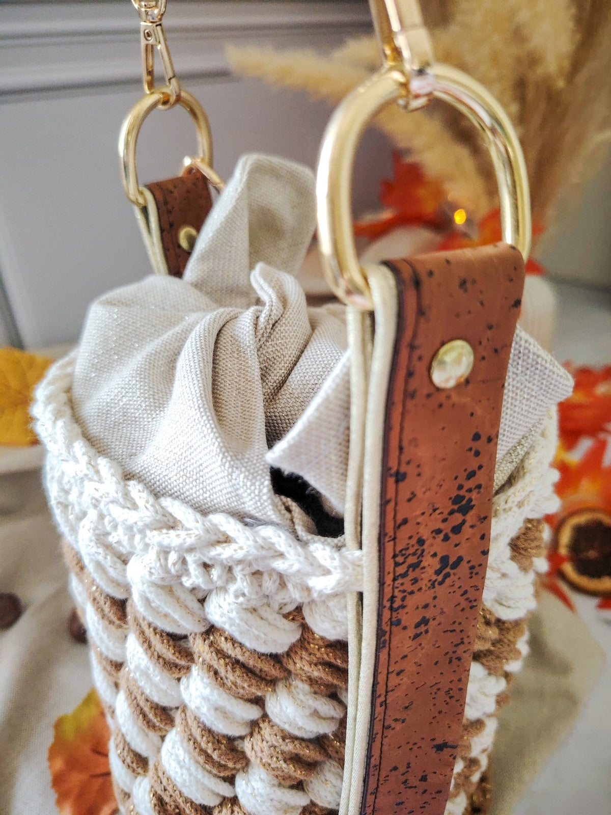 Sac seau en coton recyclé écru et liège caramel – modèle Hestia - Sacs au crochet - Irilena